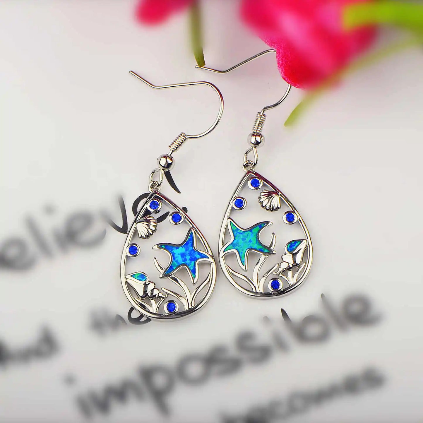 Ocean-Themed Teardrop Opal Drop Earrings - Blue Fire Opal Starfish & Shell Detail | Beach-Chic Daily Jewelry Bulk Gifts