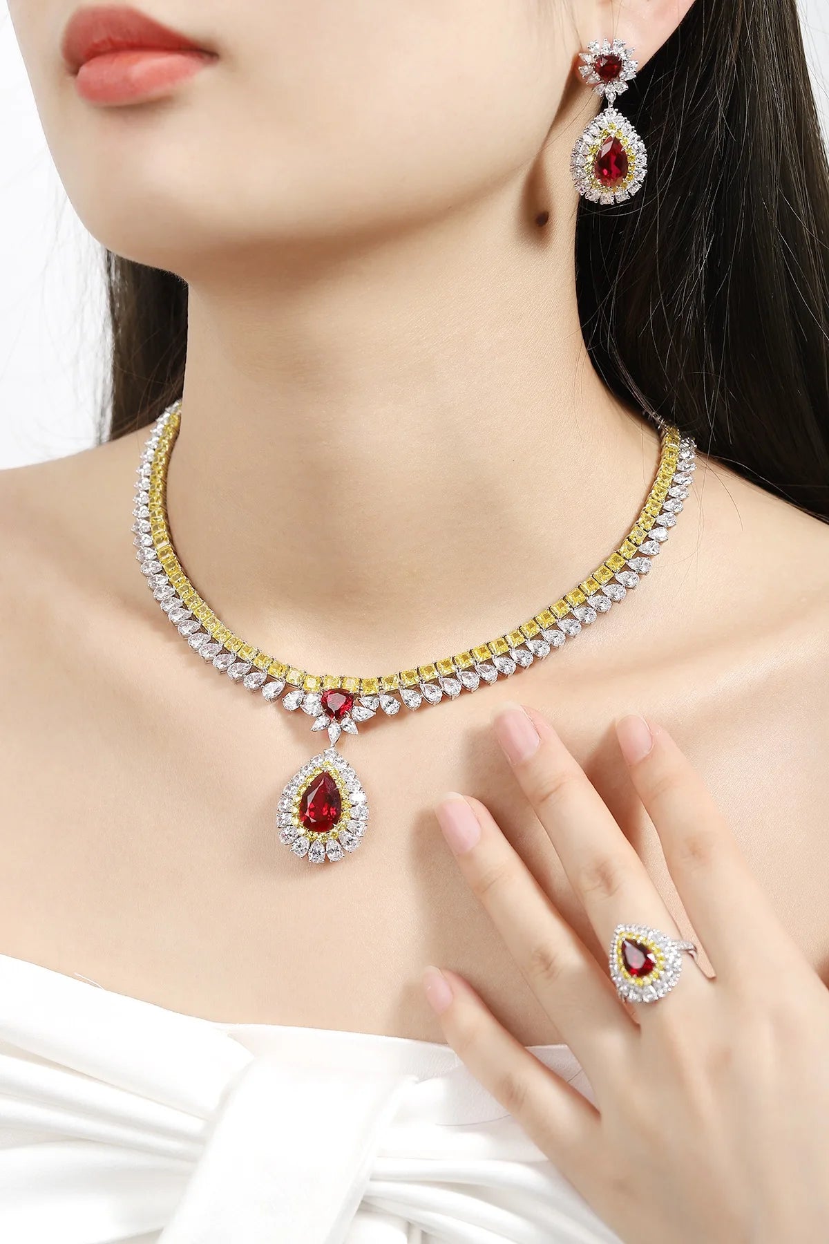 Gemfiori Vintage Jewelry Sets for Women Rings Necklace Earrings Lab Grown Ruby Luxury Bridal Jewelry Set Engagement Wedding Gift Party