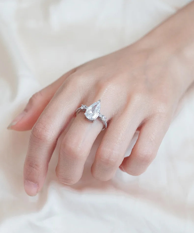 MuShan Jewelry Factory New Water Drop Simulation Diamond Pure Silver Zircon Ring for Women Niche Light Luxury Ring