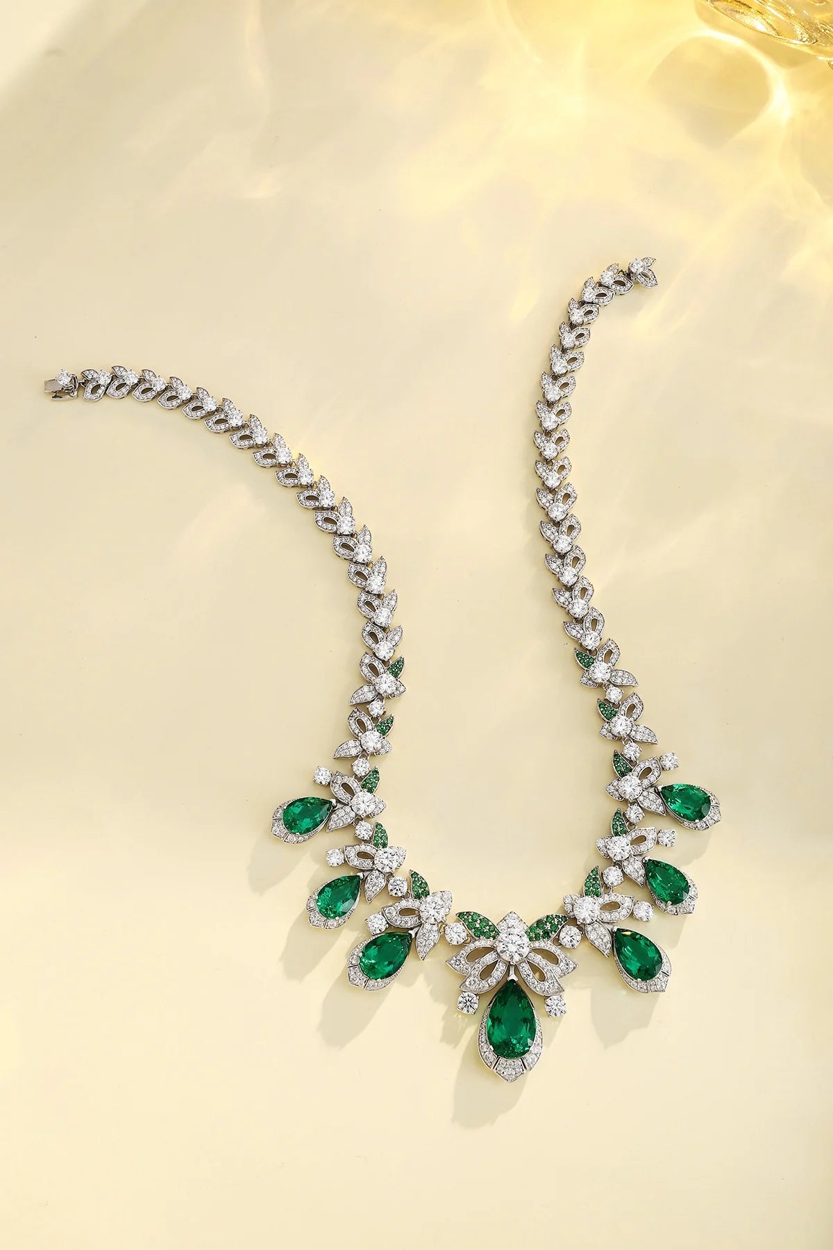 Gemfiori Premium 925 Sliver Lab Grown Emerald Statement Necklace Pear Shape Emeralds Adjustable Chain Length Ideal Gift for Women