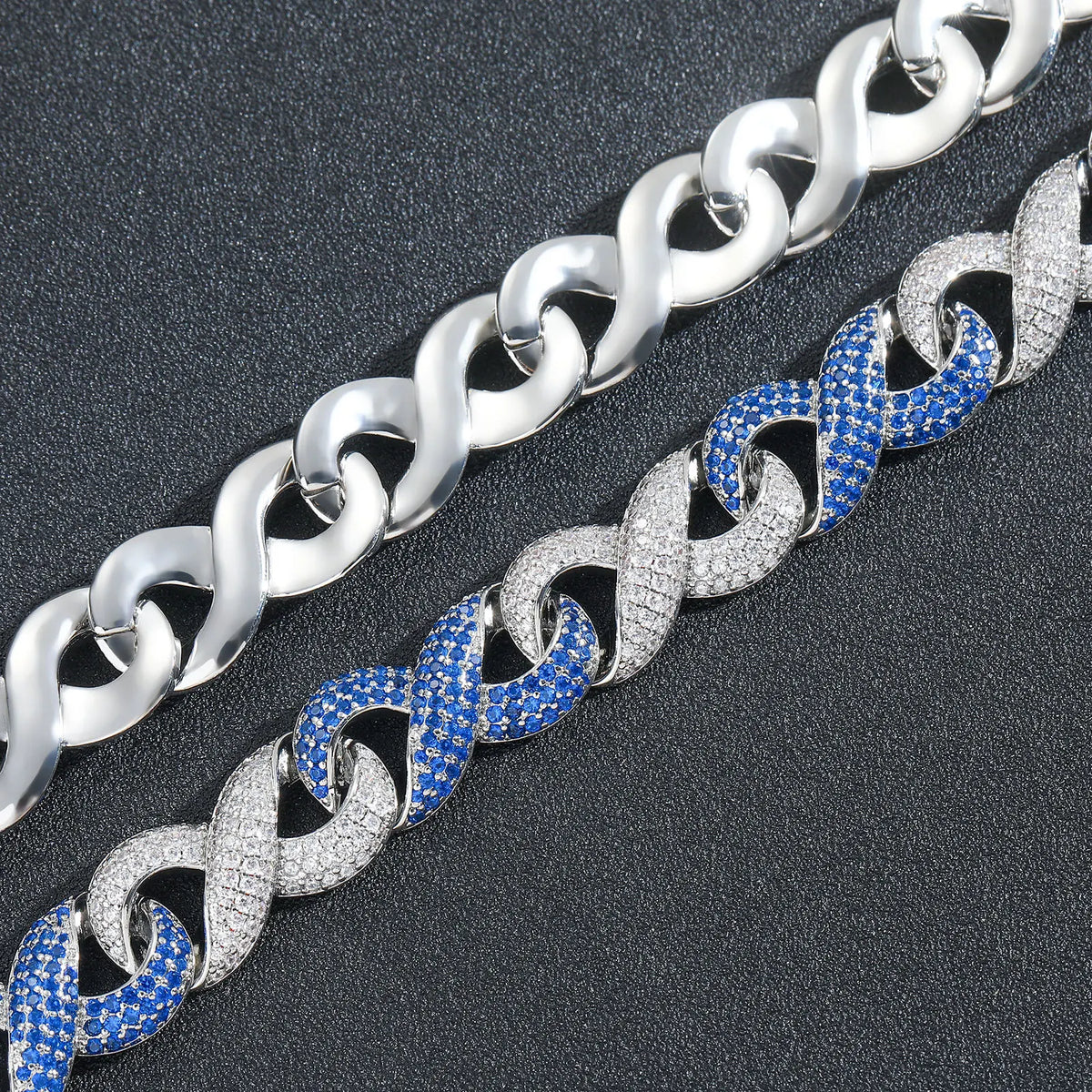 Men's Fashion Hip Hop 15mm Two-Color Infinite 8 Character Cuban Chain Necklace with Iced Zircon Jewelry Bracelet Necklace Set