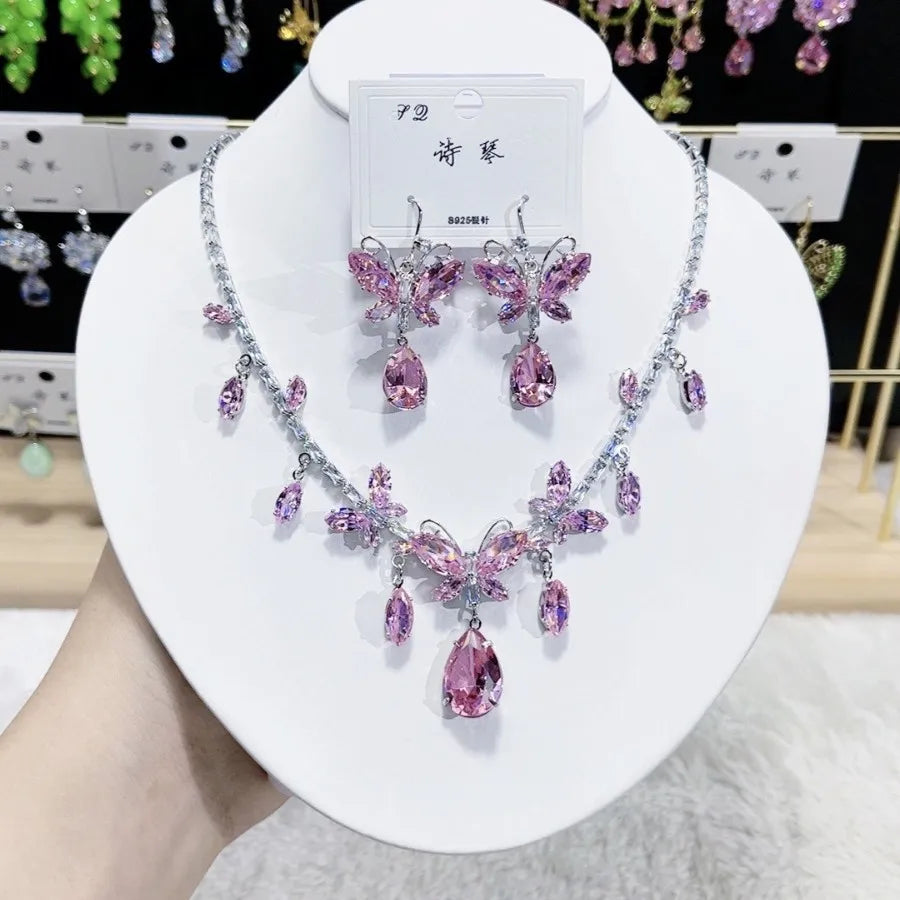 K080 Women Trendy Luxurious Yellow Zircon Butterfly Bridal Necklace Earrings Set Wedding Elegant Jewelry Set