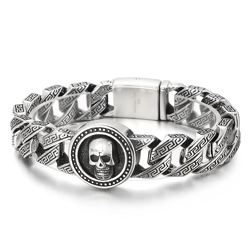 VIKING Mens Punk Skull Pattern Link Bracelet – Silver Stainless Steel