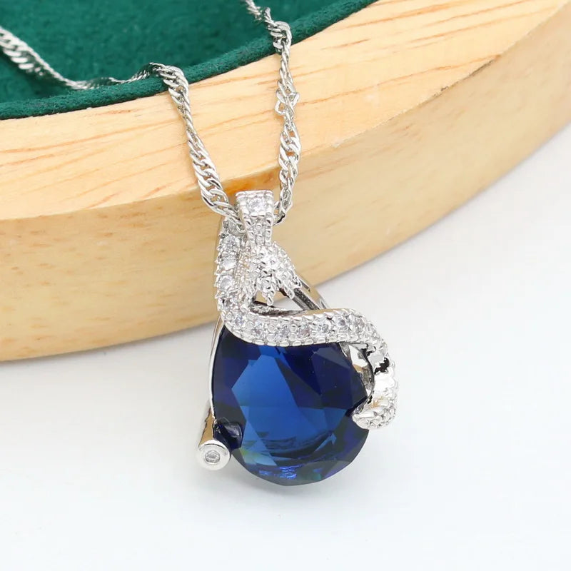 XOTICA Silver Dubai Jewelry Set for Women Royal Blue Semi-Precious Bracelet Earrings Necklace Pendant Ring-for Parties Weddings
