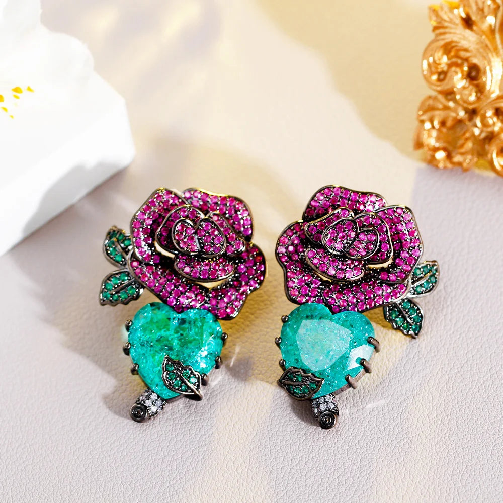 S&S Red Rose & Green Leaf CZ Dangle Drop Earrings – Black Gun Plated – Collection