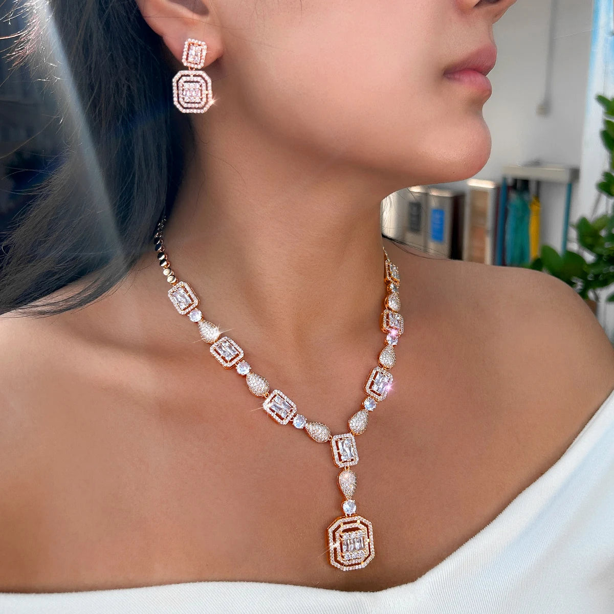 Elegant Cubic Zirconia Brazilian Gold Plated African Nigerian Necklace and Earrings Bridal Jewelry Sets for Women Wedding Party