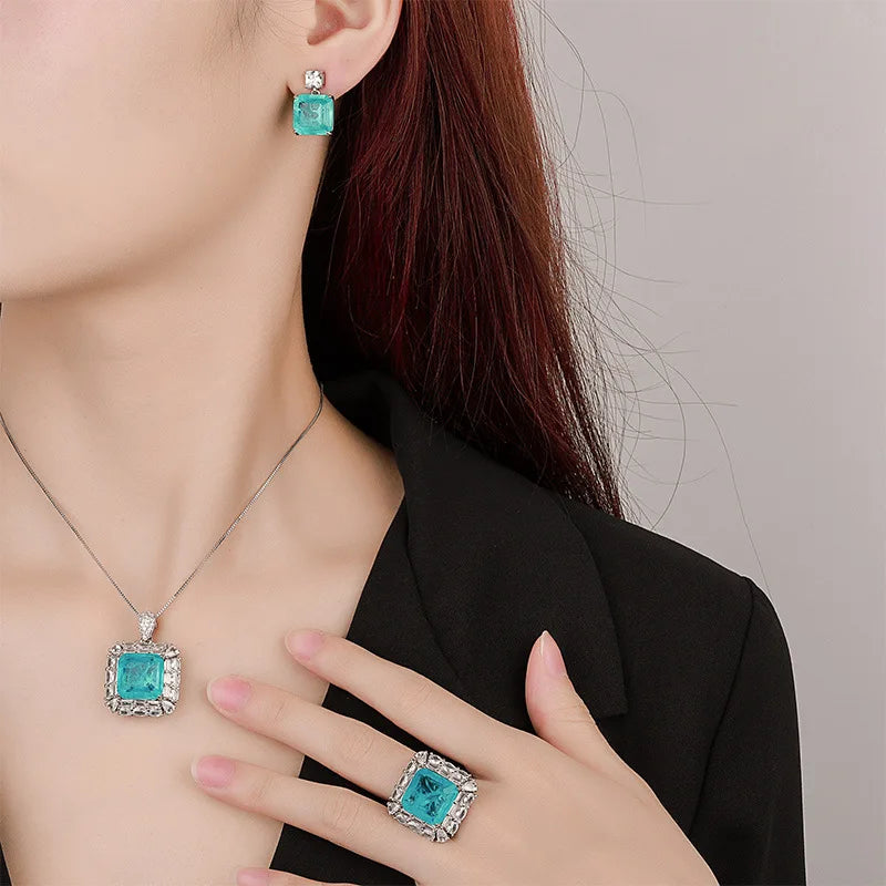 XOTICA Square Heavy Industry Zircon Set Jewelry Exquisite Pendant Earrings Ring Jewelry Three Piece Set