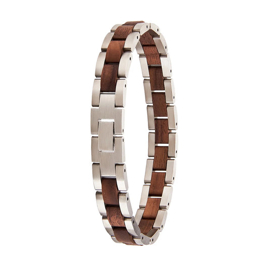 REBEL S&S REBEL Stainless Steel Unisex Walnut Wood Skeleton Bracelet for Men and Women