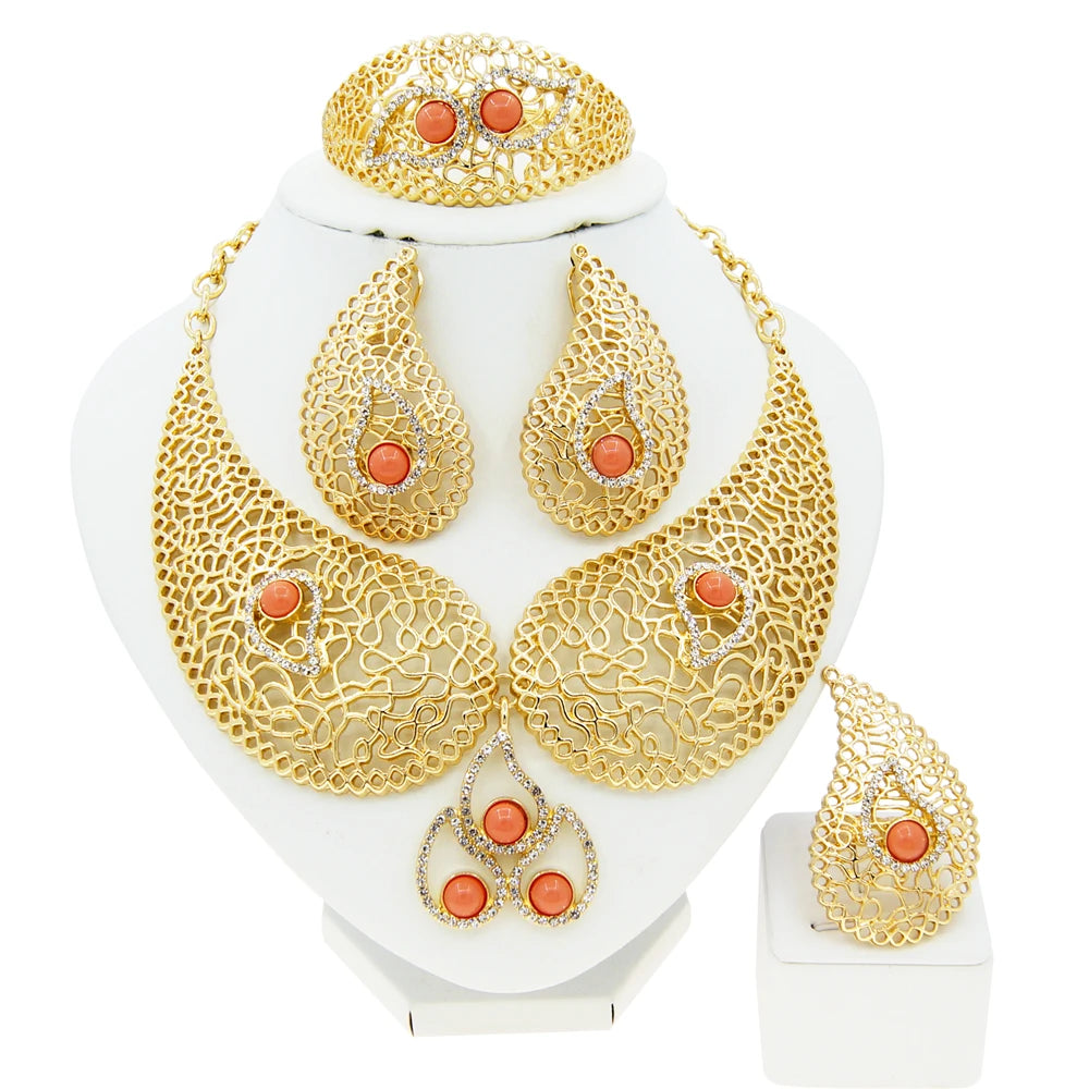 Zhuerrui Exquisite High End Collar Italian Gold Designer Jewelry Sets Music Symbol Pendant Bracelet Earring Ring Jewelry H00550