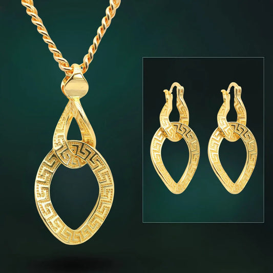 Luxury Gold-Toned Arabesque Teardrop Jewelry Set Opulent Middle Eastern Style Wedding Party Necklace Pendant Earrings