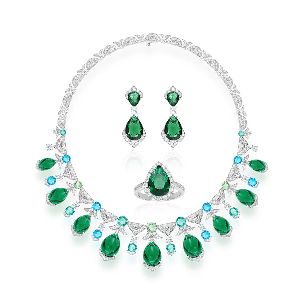 Luxury Women's Brass Necklace Earrings and Ring Three Piece Set  Water Droplet Green Zirconia Banquet and Wedding Accessories
