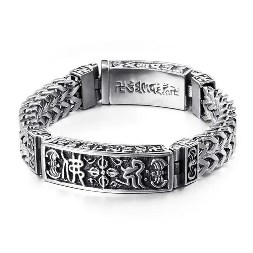 VIKING Mens Retro Buddhist Sutra Bracelet – Silver Stainless Steel