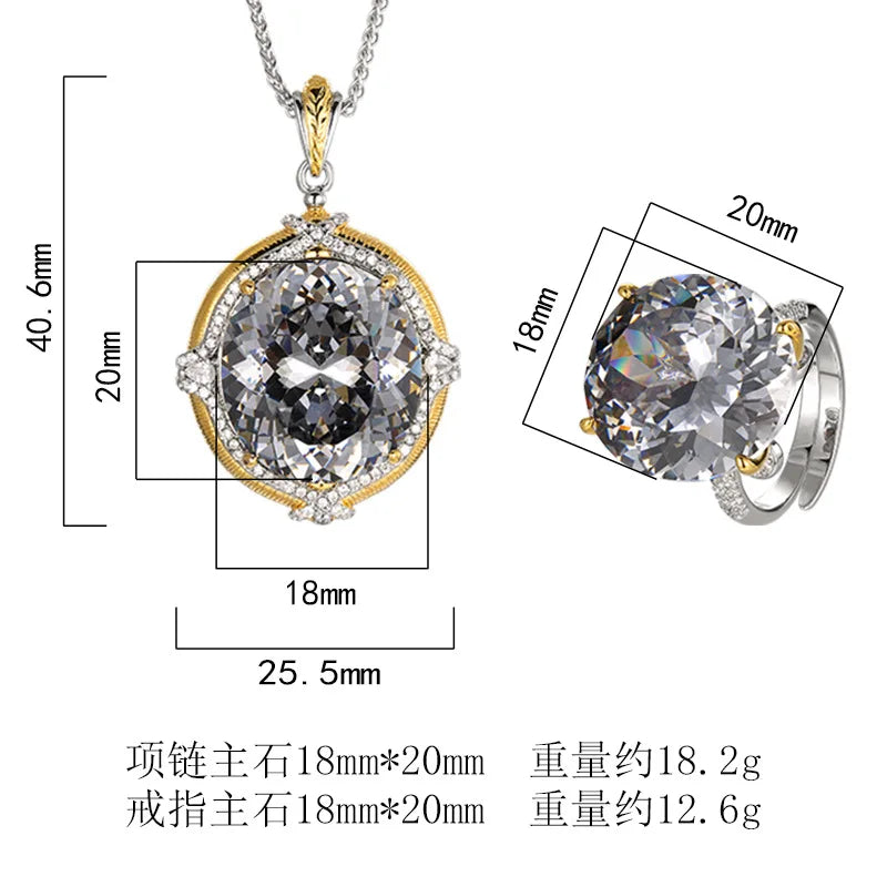 REDheart Fashion Trendy Black Gray Oval Brass Zircon Plating Flower Design Women's Pendant Set 18K Gold Plated Two-Color Opening Ring