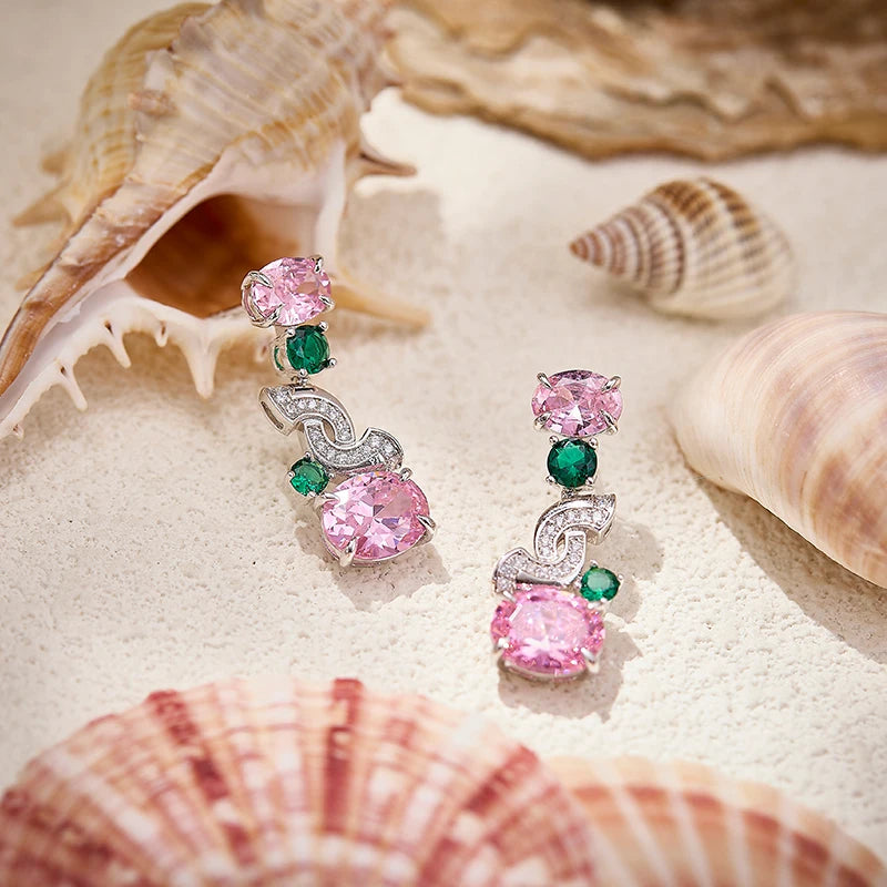 Exquisite Pink Zircon Bride Set S-shaped Full Diamond Necklace Earrings High End Customized Important Occasion Festival Jewelry