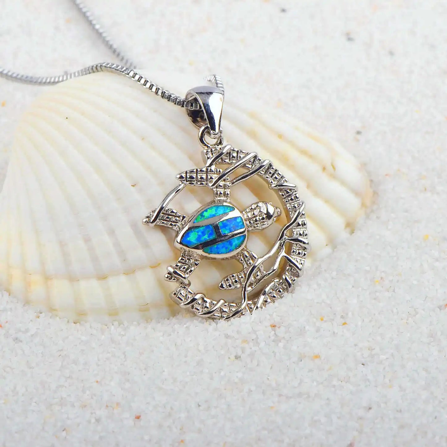 Boho Blue Opal Turtle Necklace | Trendy Women's Copper Alloy Silver Plated Link Chain Statement Pendant for Sweater Daily Gift