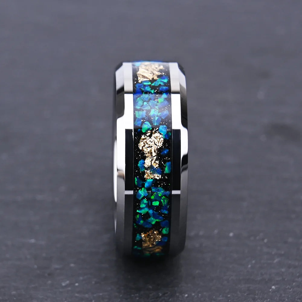 8 Wide Plane Chamfered Tungsten Steel Inlaid Opal Blue Opperga Gold Foil Unisex Wedding Ring Light Luxury