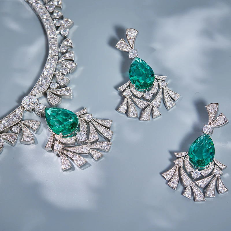 High Quality Jewelry Plated with Brass Green Gemstone Necklace Earrings  Exaggerated Fashion Set  Women's Pendant Necklace