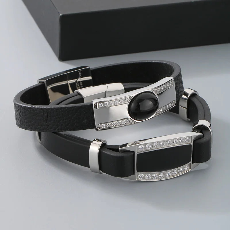 KALEN Unisex Vintage Fashion Jewelry Bracelets Stainless Steel Bangles Cowhide Leather Bracelet With Rhinestones