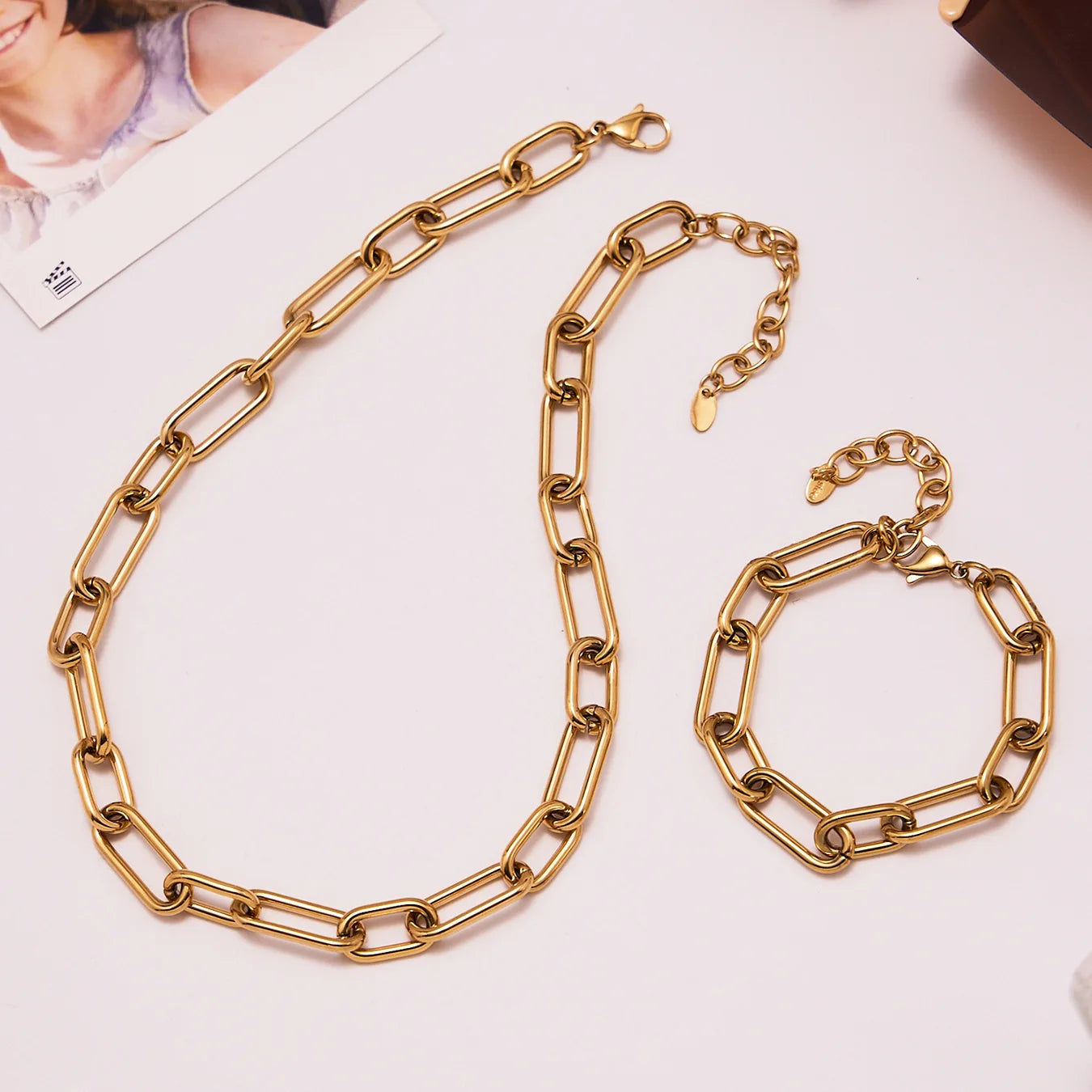 Bold Chain Hand-Assembled Natural Stone Necklace & Bracelet | Unisex 18K Gold Stainless Steel Jewellery