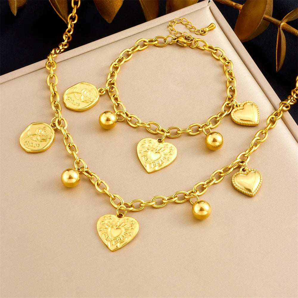 Hot Sell Fashion Stainless Steel Gold Heart Pendant Necklace and Bracelet Set Women Simple Jewelry Set