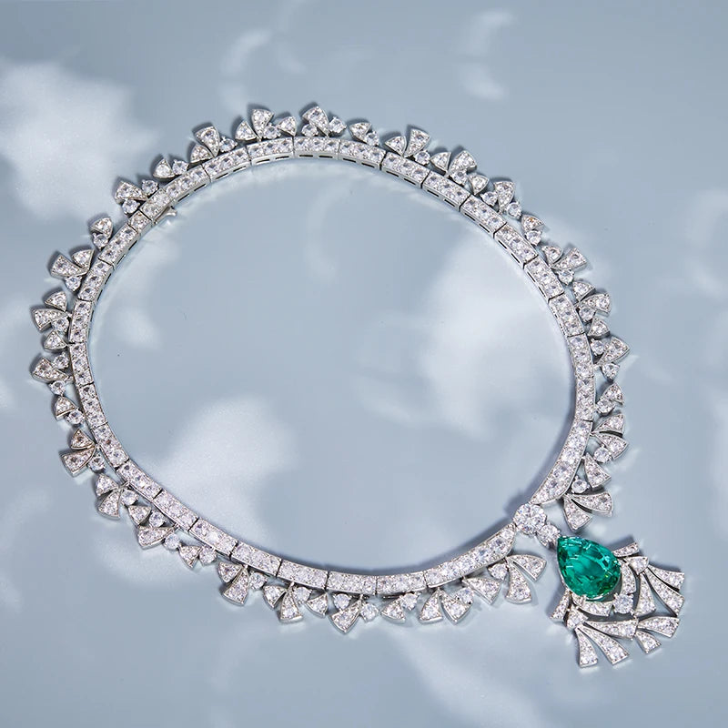 High Quality Jewelry Plated with Brass Green Gemstone Necklace Earrings  Exaggerated Fashion Set  Women's Pendant Necklace