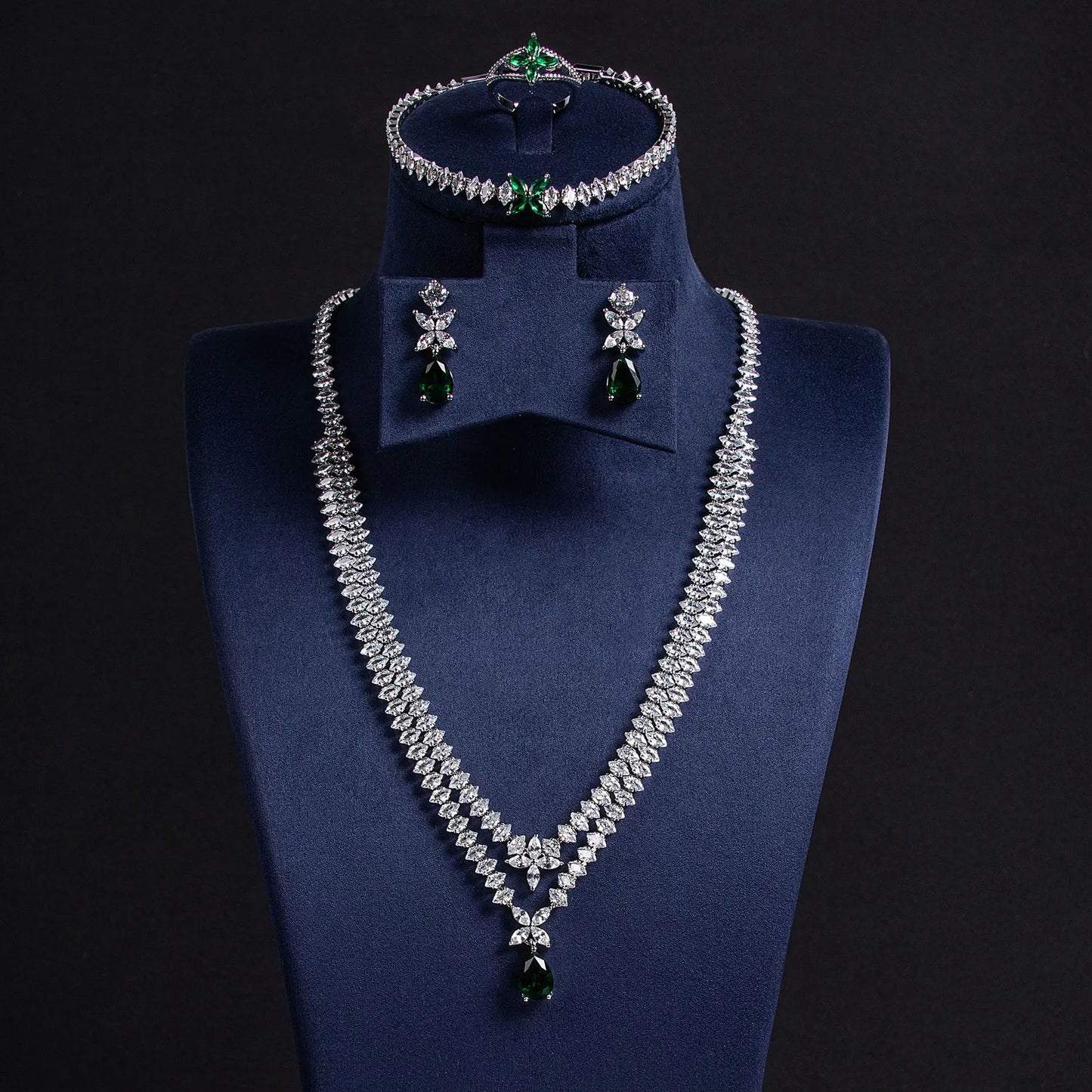 Luxury Pear-Cut Zirconia 4-Piece Dubai & Nigerian Geometric Bridal Set — Rhodium Plated