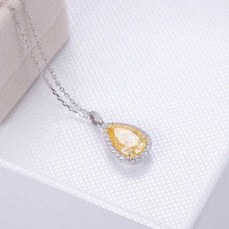 Messi Jewelry MSN-656  925 Silver Sterling Necklace  3CT Pear Drop Bright Yellow Carbon CZ Diamond Solid Pendant Necklace