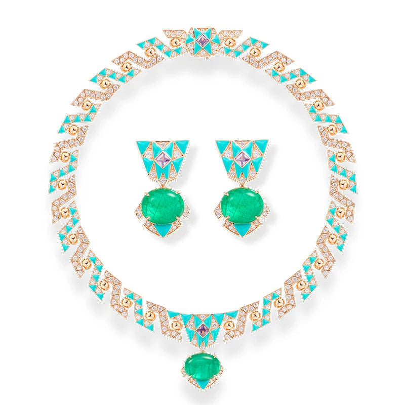 Bohemian Style Enamel Green Zirconium Necklace Earrings Two-piece Set Rose Gold Gold-plated High-quality Wedding Jewelry