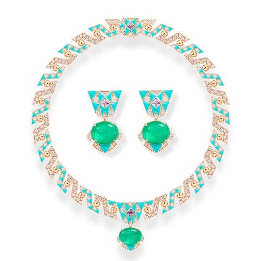 Bohemian Style Enamel Green Zirconium Necklace Earrings Two-piece Set Rose Gold Gold-plated High-quality Wedding Jewelry