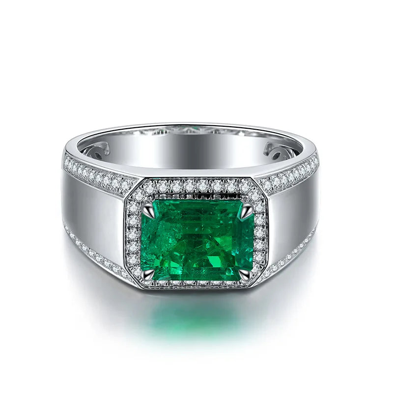Minimalist Commuter S925 Silver Created Emerald Geometric Shape Ring for Men Women Unisex Set Precious Stones