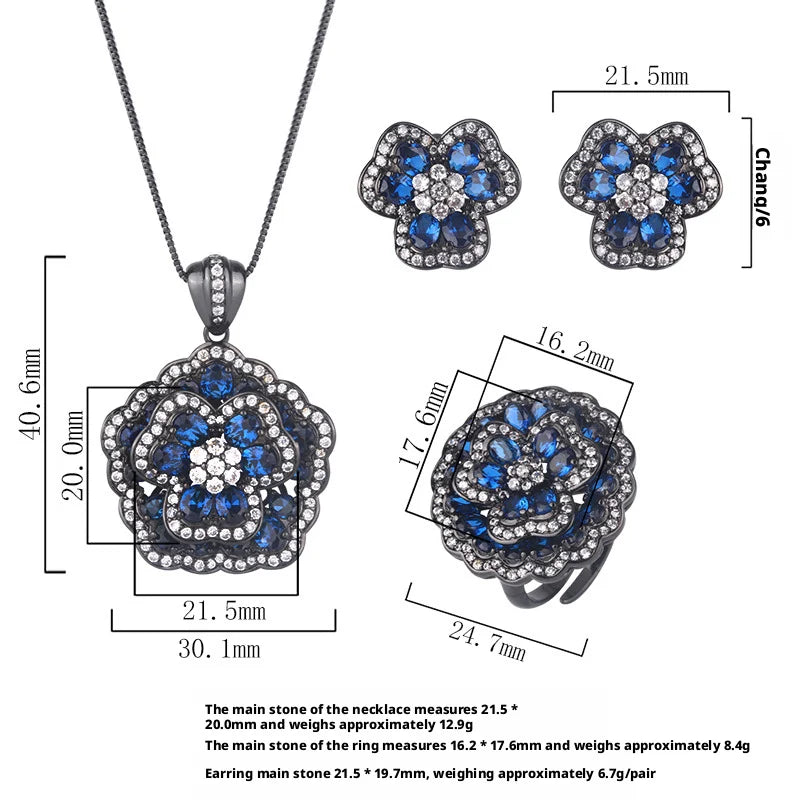 Fashion Eco-friendly Copper Insert Blue Zircon Rose Flower Black Gold Plated Waterproof Clover Jewelry Set for Women Party Wear