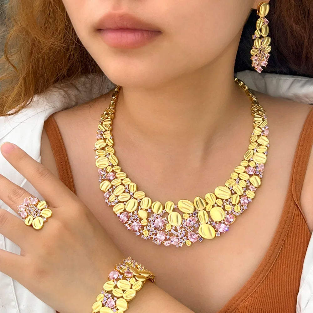 4piece African Cubic Zirconia Extra Large Necklace Women Wedding Party Dubai Gold Plated Luxury Big Jewelry Sets for Brides