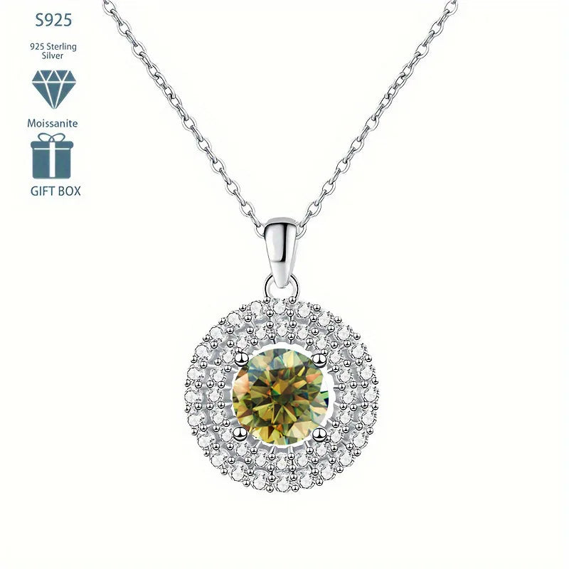 Dainty Double Halo Set Round Cut 1ct VVS GRA Colored Moissanite Jewelry Trendy 925 Sterling Silver Disc Pendant Necklace