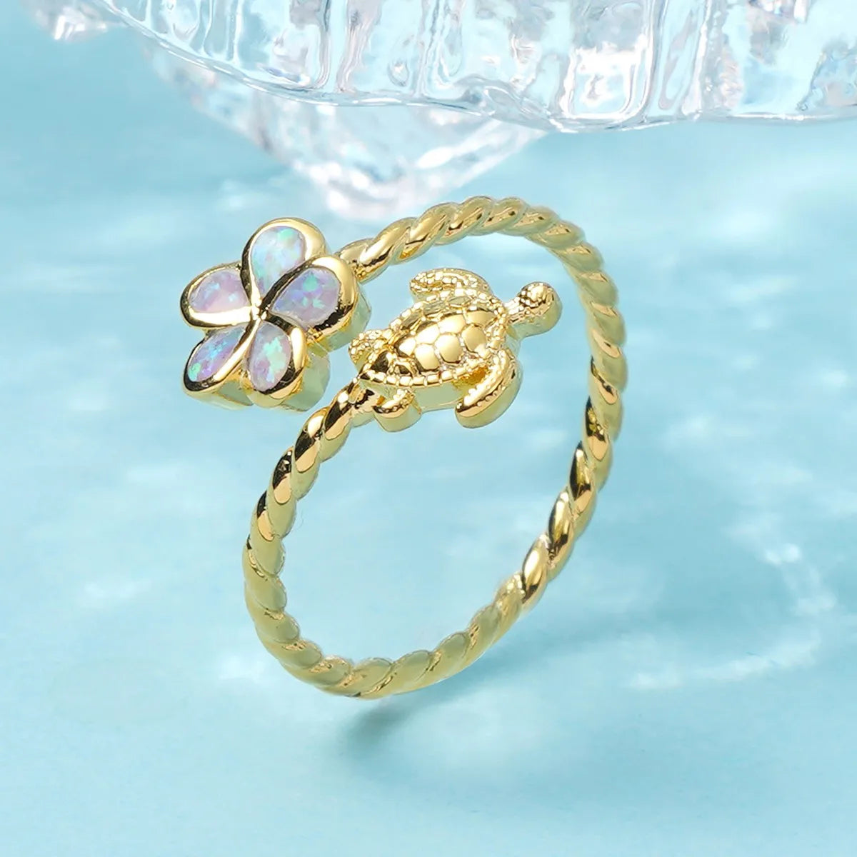 Gold Turtle & Opal Clover Ring | Twisted Band Animal Jewelry