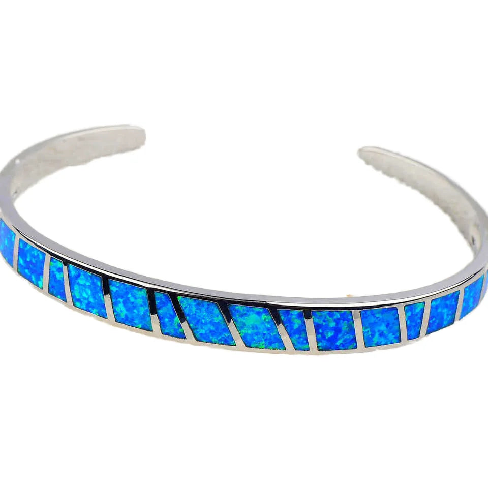 Opal Hawaii Style Blue Square Stripe Silver Plated Women's Cuff Bracelet Handmade Inlaid Opal Jewelry for Anniversary Wholesale