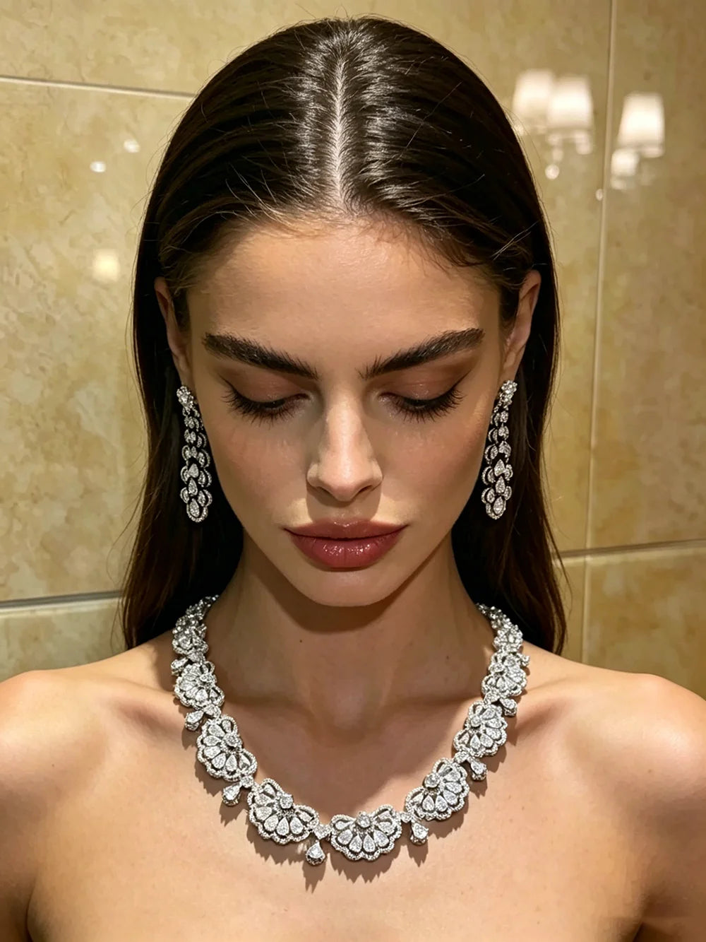 XM S426 Silver Plated Heart & Floral Cubic Zirconia Flower Link Choker Necklace & Teardrop CZ Drop Earrings Set