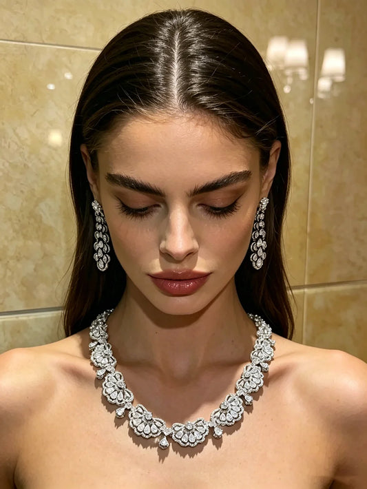 XM S426 Silver Plated Heart & Floral Cubic Zirconia Flower Link Choker Necklace & Teardrop CZ Drop Earrings Set