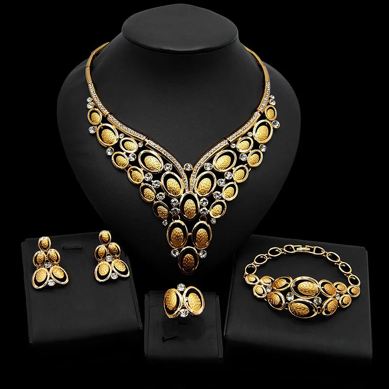 Zhuerrui New Romantic Bridal Jewelry Set Luxurious Exquisite 24K Gold Plated African Noble Wedding Necklace Ring Set of Four