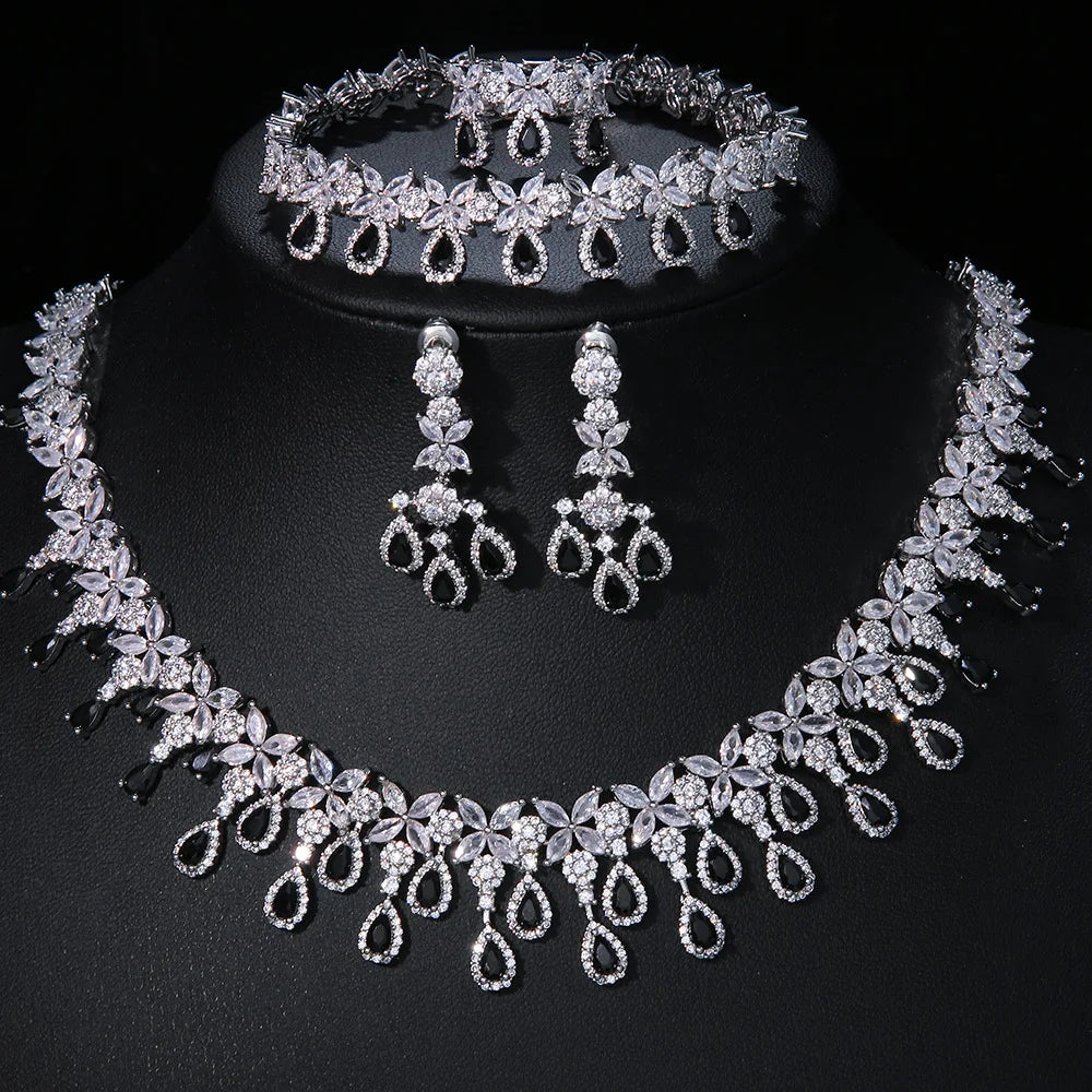Luxury Pear-Cut Zirconia Teardrop Floral 4-Piece Necklace, Earrings, Ring & Bracelet Bridal Set — Rhodium Plated
