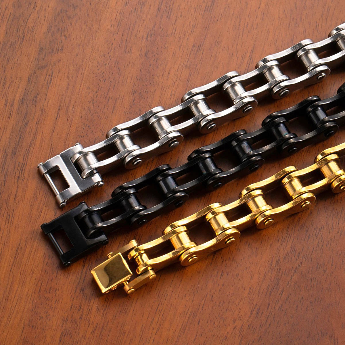 REBEL Stainless Steel Real Gold Plated Biker Chain Bicycle Link Bracelet for Men Street Stackable Hip Hop Tarnish Resistant