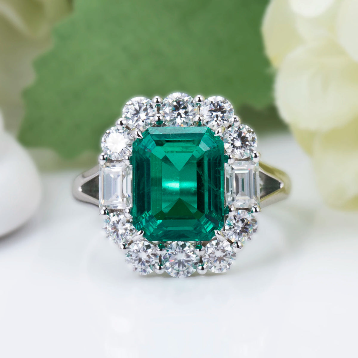 Gemfiori Messi Jewelry MSR-756 18k Gold halo Women Dainty Gold Jewelry 3ct Emerald Cut Lab Grown Emerald and Lab Diamond Ring