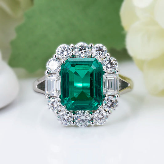 Gemfiori Messi Jewelry MSR-756 18k Gold halo Women Dainty Gold Jewelry 3ct Emerald Cut Lab Grown Emerald and Lab Diamond Ring