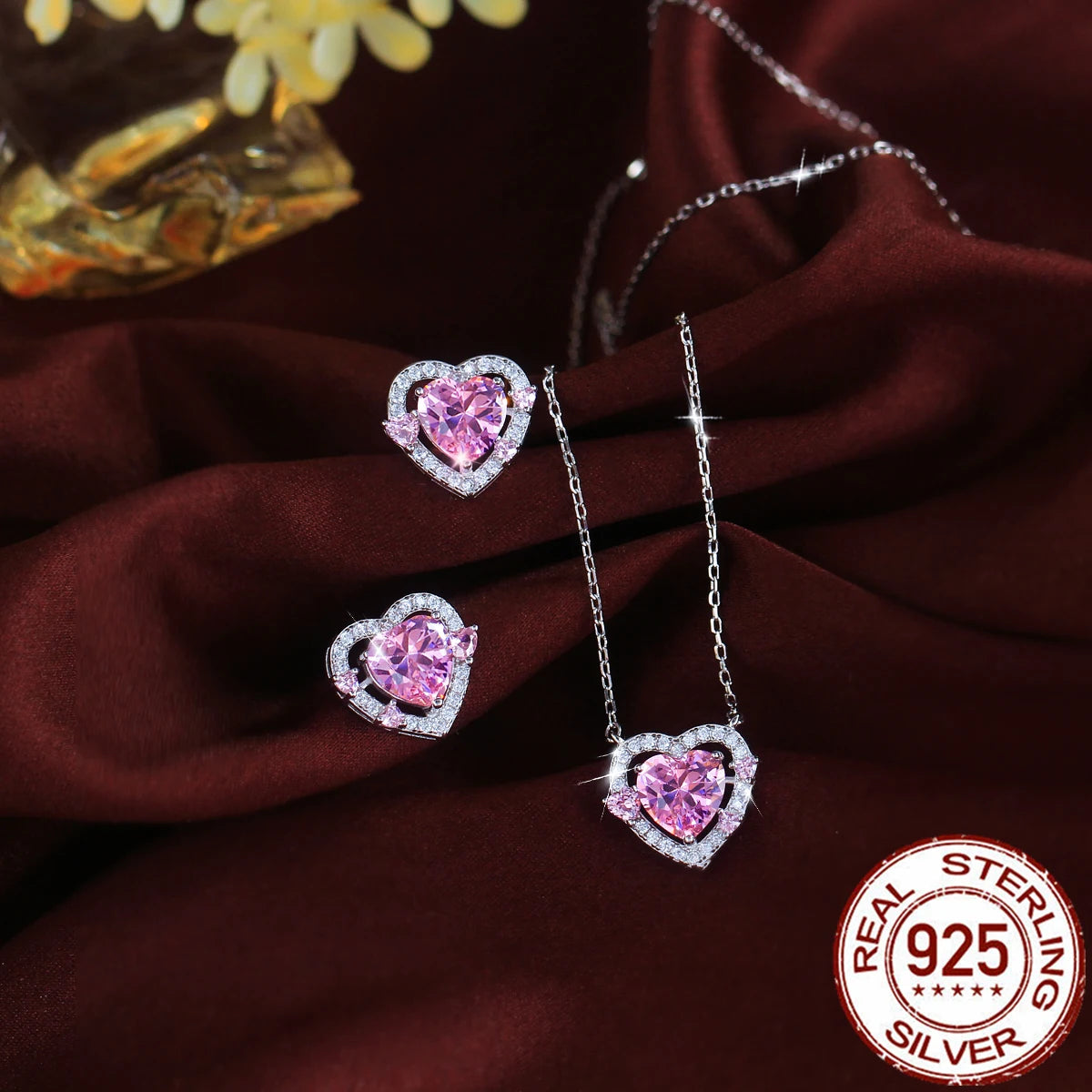 Fine Zirconia Jewelry Set 925 Sterling Silver Pink CZ Love Heart Pendant Necklace Earrings Romantic Jewelry Set for Women