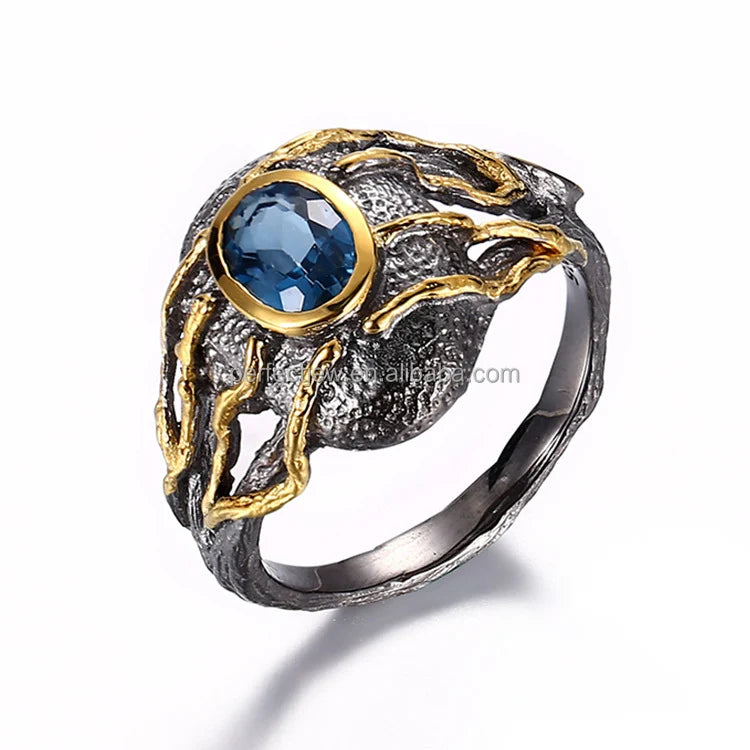 Vintage Custom Blue Topaz 925 Sterling Silver Ring With Bezel Set