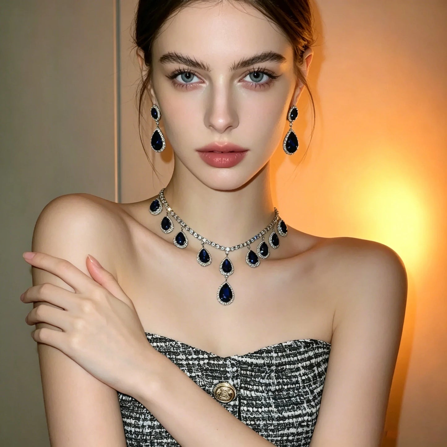 XM S384 Silver Plated Peacock Blue Zircon Halo Teardrop Pendant Necklace & Drop Earrings Set