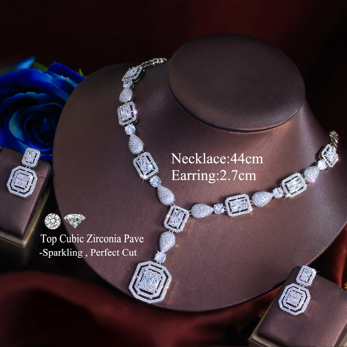 Elegant Cubic Zirconia Brazilian Gold Plated African Nigerian Necklace and Earrings Bridal Jewelry Sets for Women Wedding Party