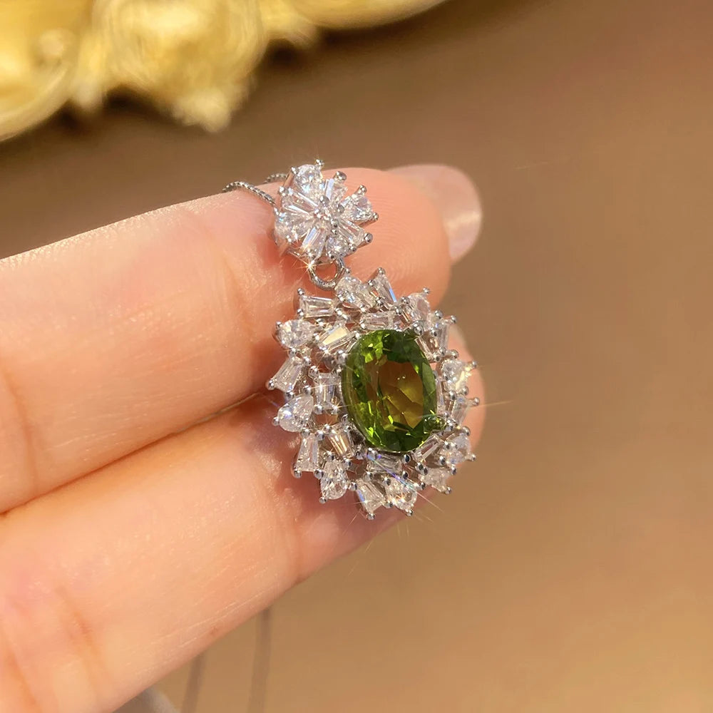 Gioiellieri Luxury 925 Sterling Silver Natural Peridot Pendant Oval Cut Solitaire Engagement Ring for Women Daily Wear Anniversary Gift
