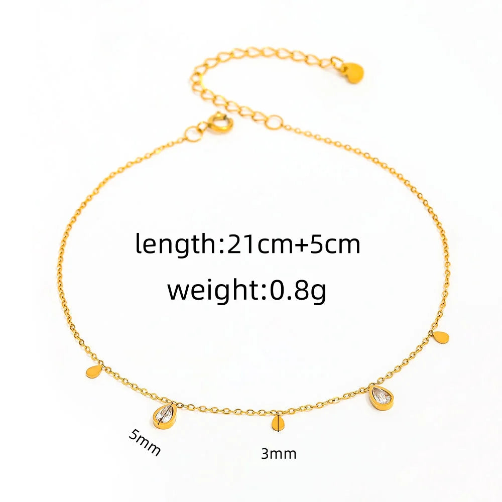 Dainty 18k Pvd Gold Plated Non Tarnish Free Waterproof Water Drop Zircon Tassel Stainless Steel Anklet