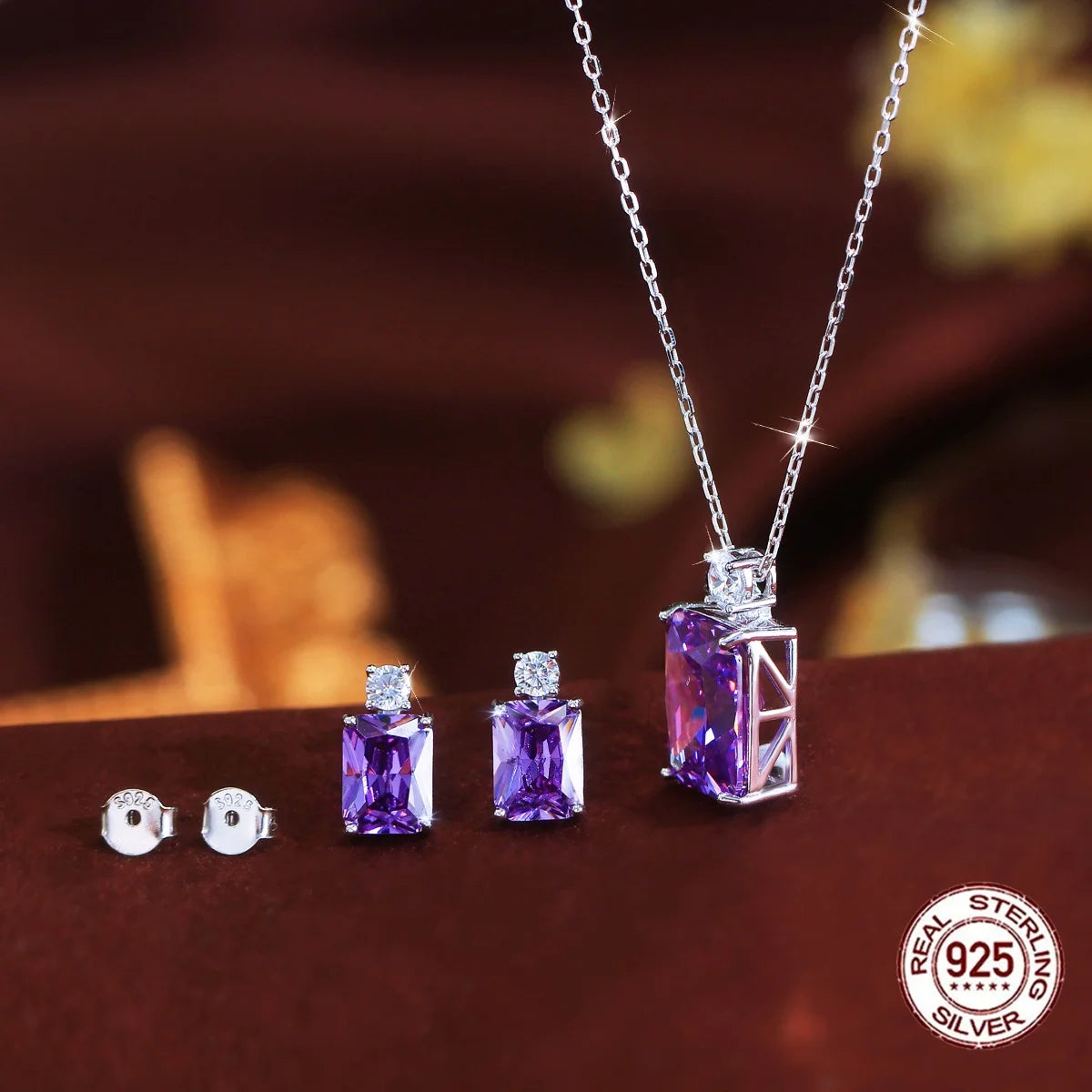Sterling Silver Purple CZ Baguette Pendant Necklace & Earrings Set Rhodium Plated Bridal Party Gift for Women & Girls
