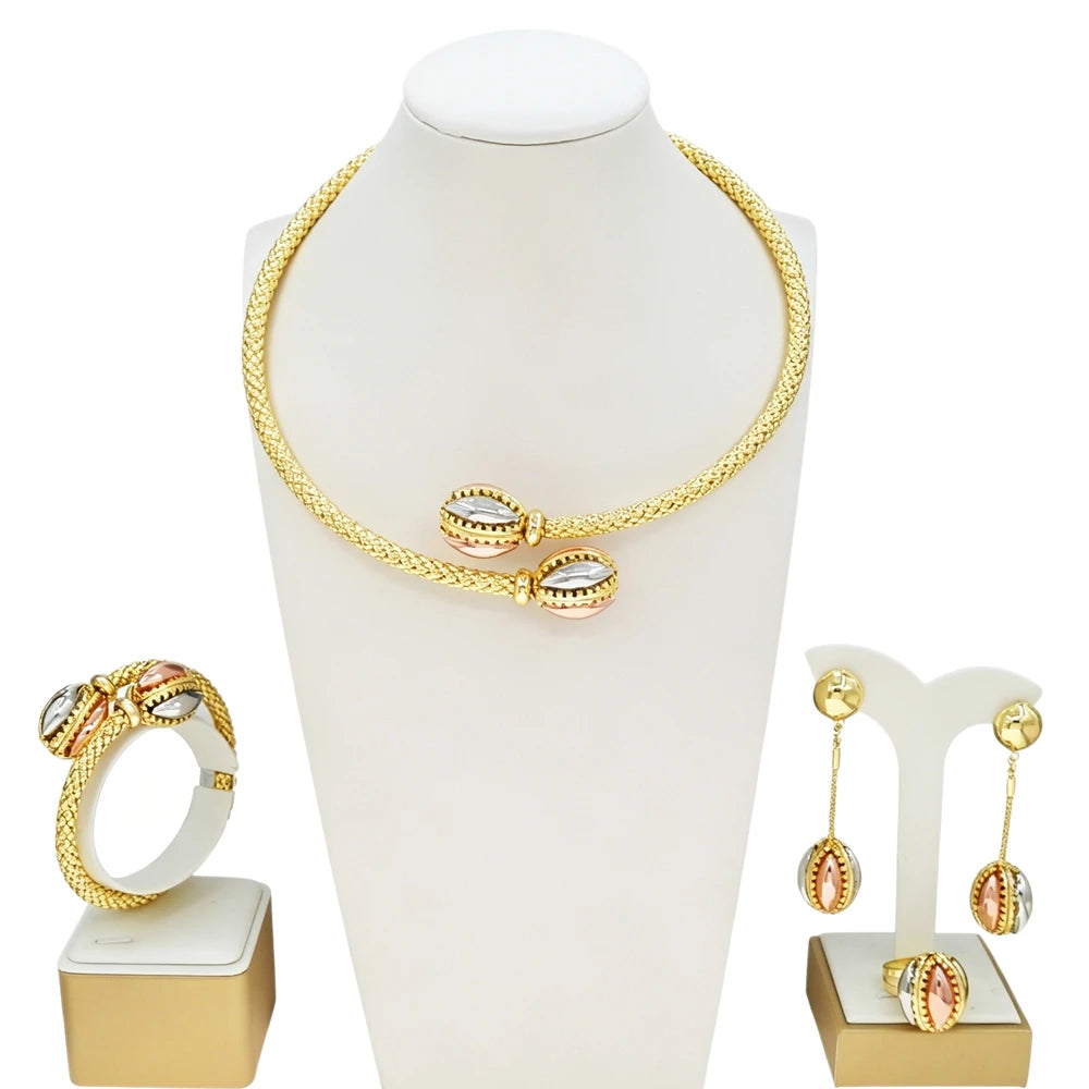 Zhuerrui Braided Gold Plated 4Pcs Jewelry Set Necklace Bangle Earrings Ring With Two Tone Inlaid Stone for Wedding Party HS26008